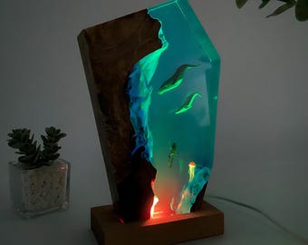 Lámpara de noche de resina con forma de ballena jorobada, escena de buceo en el océano, lámpara LED única, regalos de Halloween, regalos de Navidad, regalos para mejores amigos