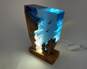 Epoxy Resin Night Light, Unique color changing resin wood lamp