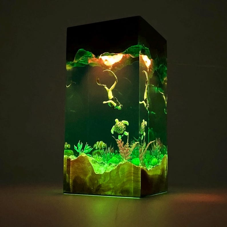 Turtle Cube Resin Lamp Featuring A Beautiful Female Diver, Turtle Cube Decorative ...