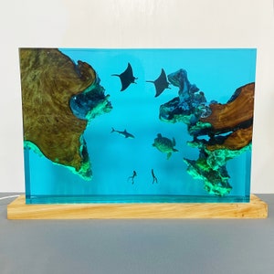 Epoxy Resin Lamp: Ocean Diver, Manta Ray, Shark, Wood LED Base, Halloween Gifts, Christmas Gifts, Best Friend Gifts