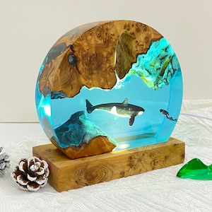 Orca Resin Night Light: Diver and Whale Ornament