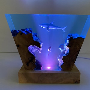 Divers Explore the Ocean Resin Night Lamp, Personalized Shark Ornament for Home, Free Diving, Unique Gift for Home Decor, Christmas Gift