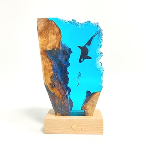 Handmade Orca Diver Resin Lamp: Ocean Wood Night Light