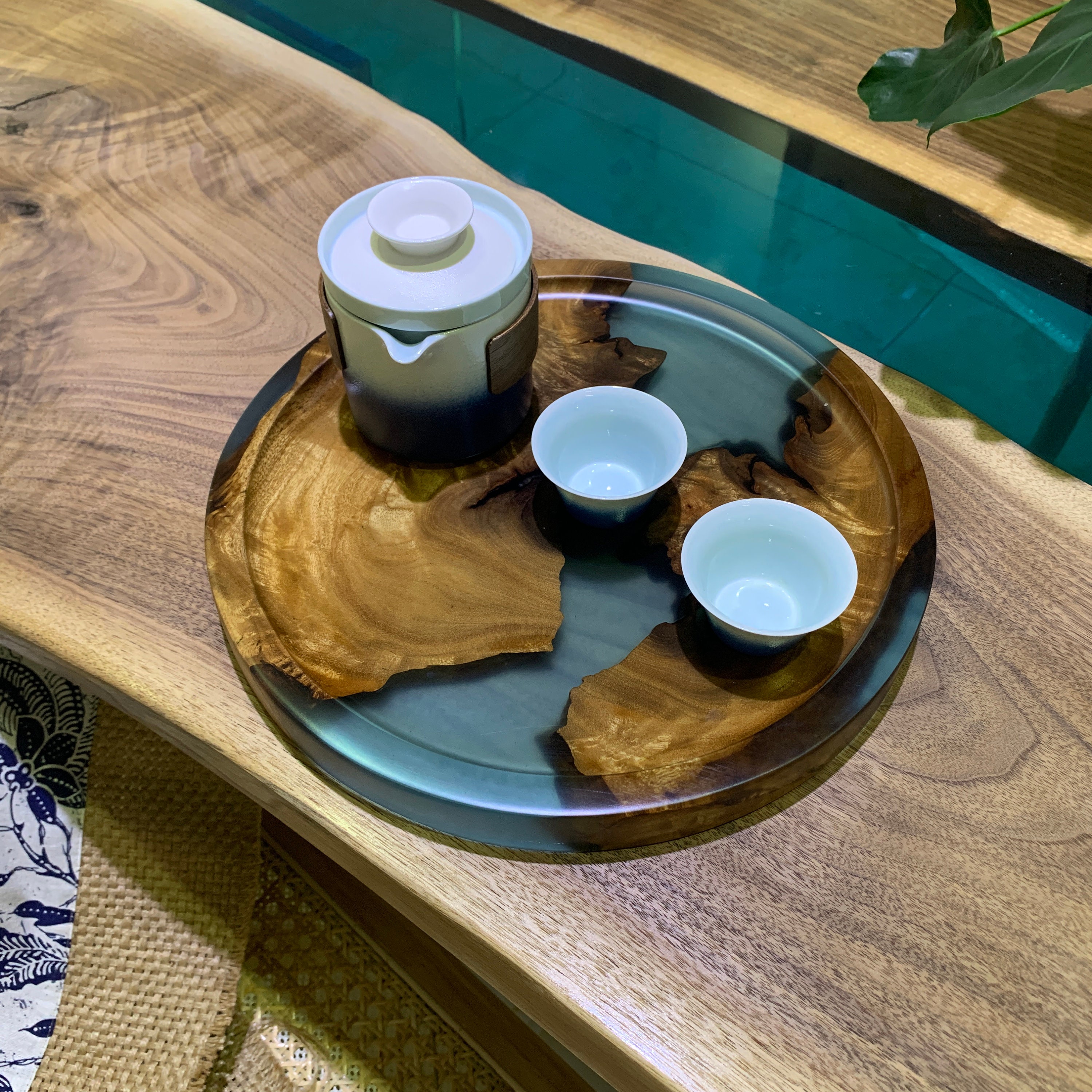 Round Wooden Resin Tea Set Tray Living Room Decoration Tray Etsy
