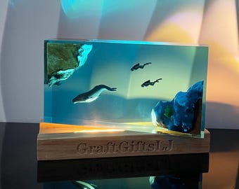 Lámpara de resina con forma de ballena jorobada, decoración oceánica para el hogar, regalo para tu mejor amigo, decoración única, luz nocturna personalizada, regalo de Navidad.