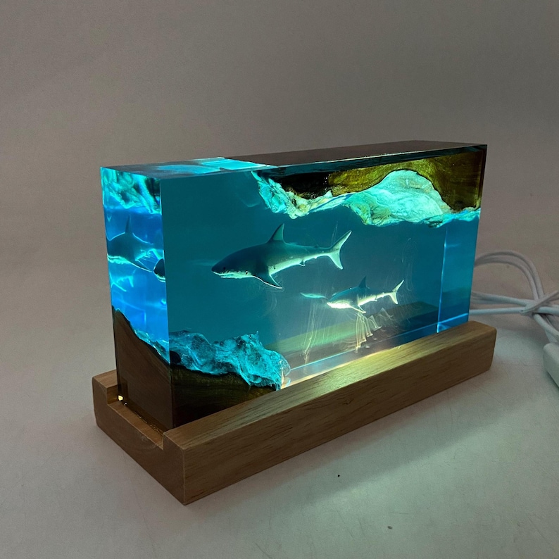 Lámpara de resina con forma de cubo de tiburón, decoración del hogar, regalos personalizados, regalos de Halloween, regalos hechos a mano para niños, regalos de Navidad.