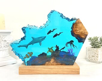 Shark Resin Night Light, Diver, Shipwreck, Tropical Fish, Octopus, Halloween Gifts, Christmas Gifts, Best Friend Gifts