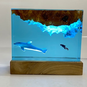 Dolphin and Diver Resin Night Light, Epoxy Resin Art Lamp, Handmade Ornament, Best Friend Gift, Unique Decor, Halloween Gift, Winter Gift