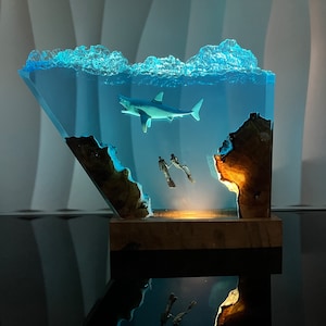 Scuba Diver Epoxy Resin Lamp: Shark & Couple, Engravable LED Night Light, Halloween Gifts, Christmas Gifts, Best Friend Gifts