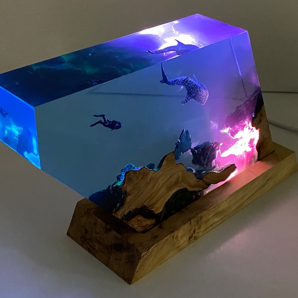 Diver's Resin Night Light, Scuba Diving To Explore The Wreck, Personalised Epoxy Wooden Light, Freediving, Unique Decor Gift, Christmas Gift