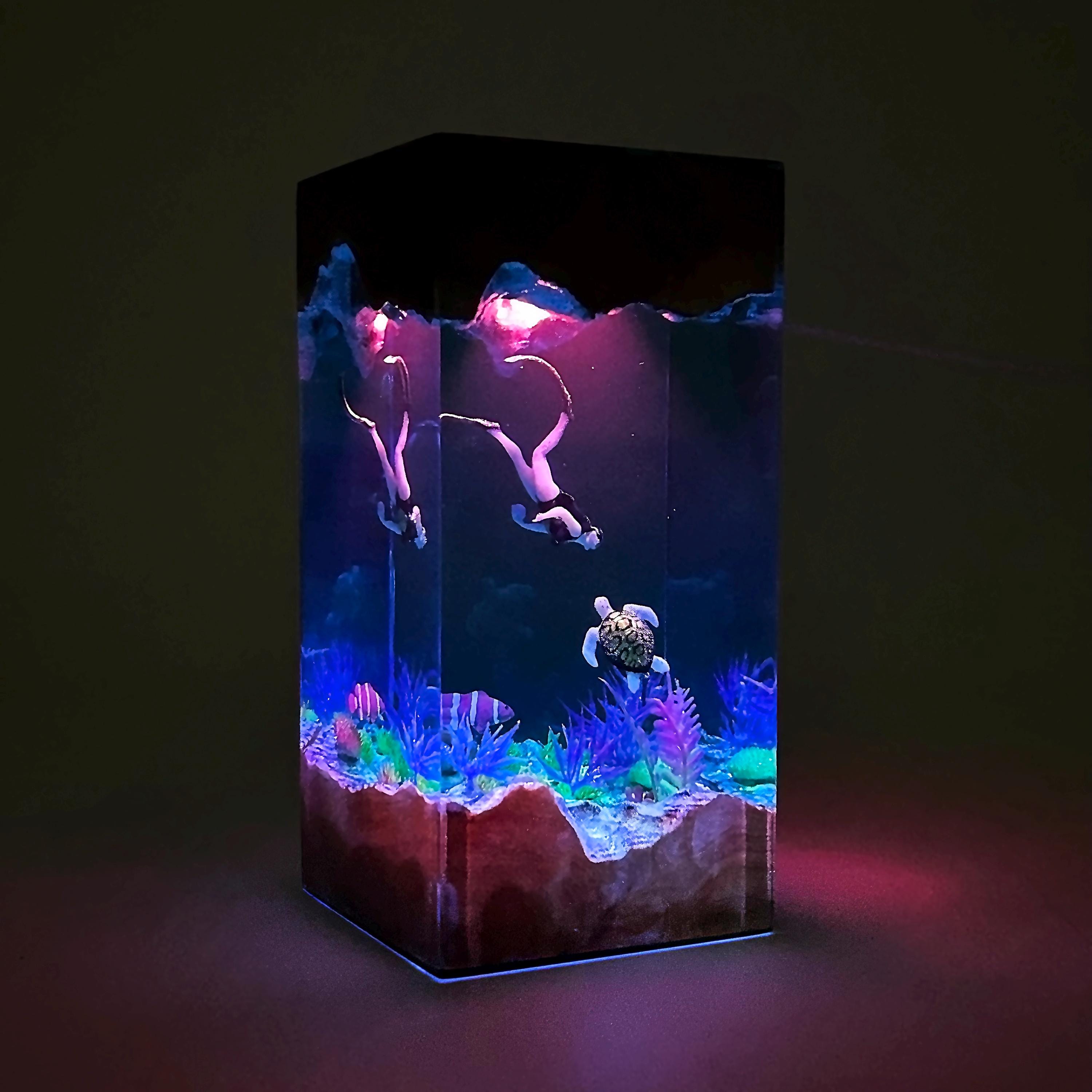 Turtle Cube Resin Lamp Featuring A Beautiful Female Diver, Turtle Cube Decorative ...