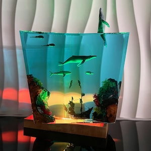 Large Epoxy Lamp With Diver And Hat And Manta Ray And Great White Shark, Best Friend Gift, Unique Decoration, Halloween Gift, Christmas Gift