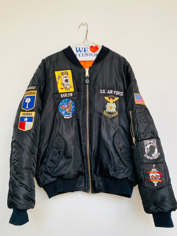 toys r us, Jackets & Coats, Toys R Us 9s Bomber Flight Jacket Black  Orange Embroidered R Safety With Flames