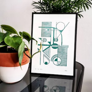 Linoleografia/linoleografia - poster illustrazione - volto astratto - vernice verde acqua - decorazione moderna - carta grana A4