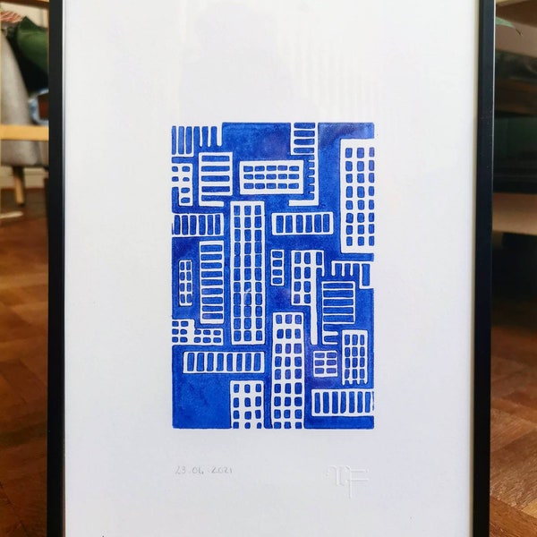 Plusieurs couleurs disponibles - Linogravure/linocut printmaking - affiche illustration  bleu ville/city