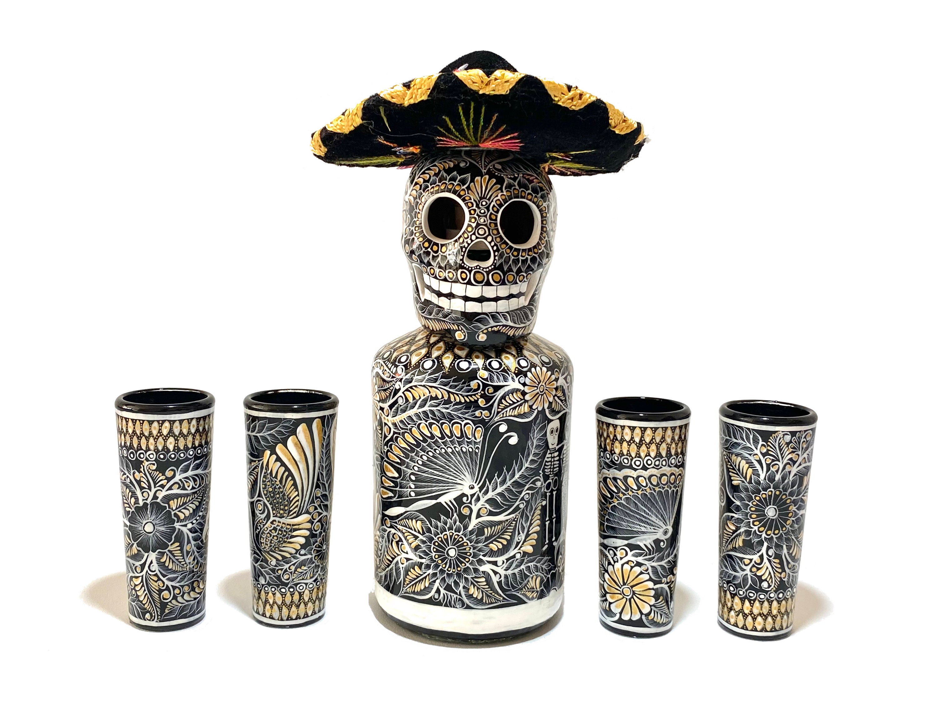 Day of the Dead Sonderedition Dekanter Set / Extra detailliertes handbemaltes Dekanter Set mit Schnapsgläsern / Goldenes Dekanter Set /