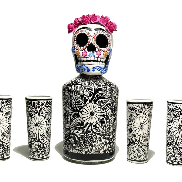 Frida Kahlo Hand-Painted Decanter Set with Skull & Shot Glasses