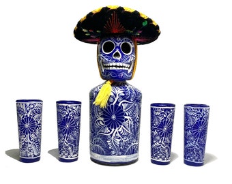 Blue Hand-painted Decanter Set with Palm Hat / Traditional Day of the Dead painted Shot Glasses / Mexican Art Home Decor / Tequila Lover