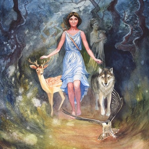 Greek Goddess Of The Hunt Artemis | Wilderness | Full Moon | Woman Symbolic Art | Mythological Wall Art | Original Painting