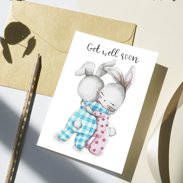 JW Get well soon Card printable, A6 Card, card print at home, Instant Download, cute bunny card jpeg, rabbit card png, covid-19 card