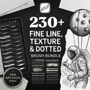 May include: A digital brush bundle for Procreate featuring 230+ fine line, texture, and dotted brushes. The image displays a tablet screen with a brush library, a moon illustration, and an astronaut drawing, with text reading Fine Art Made Easy.