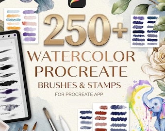 May include: A digital collection of 250+ watercolor Procreate brushes and stamps featuring a tablet screen with brush settings, various paint stroke swatches, watercolor floral elements, and a colorful elephant illustration with paintbrushes.