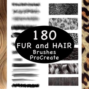 Puede incluir: 180 Pinceles de pelo y piel para Procreate. La imagen muestra una variedad de pinceles, incluyendo pelo, piel y otras texturas. Los pinceles están dispuestos en filas y columnas, y todos son en blanco y negro.