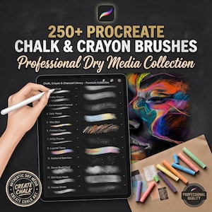 May include: A digital tablet displaying a Procreate brush library titled Chalk, Crayon & Charcoal Library with 12 brush stroke examples. The text reads 250+ PROCREATE CHALK & CRAYON BRUSHES Professional Dry Media Collection, with colourful chalk sticks.