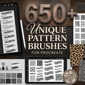 Peut inclure: Une collection numérique de 650+ pinceaux à motifs pour Procreate affichée sur deux tablettes avec un stylet. L'image présente divers échantillons de motifs en noir et blanc, notamment des taches de léopard, des mailles géométriques et des tissages floraux.