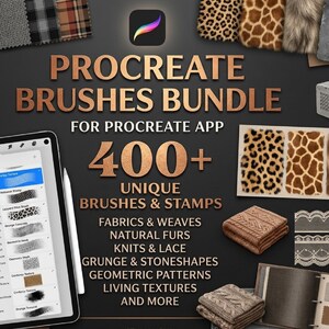 Könnte beinhalten: Ein digitales Paket für die Procreate-App mit über 400 Pinseln und Stempeln. Die Anzeige zeigt ein Tablet mit einem Eingabestift, verschiedene Stoff- und Fellmuster sowie den Text PROCREATE BRUSHES BUNDLE, 400+ UNIQUE BRUSHES & STAMPS.