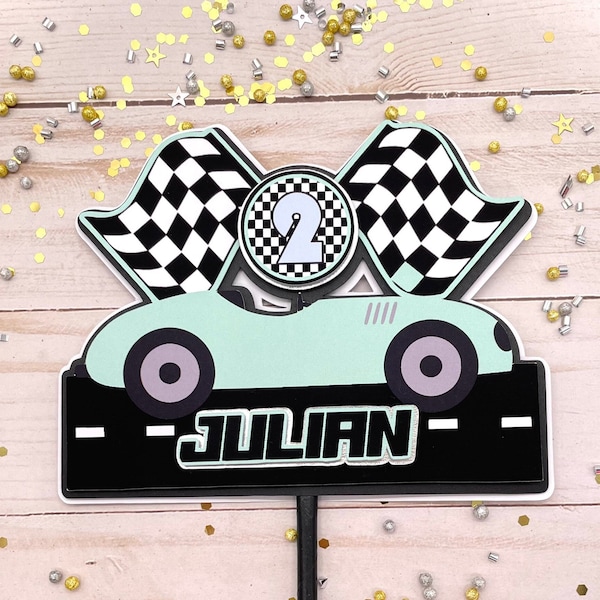 Vintage Race Car Cake Topper - Checkered Flag Birthday Decoration For Racing Theme Party - View #3