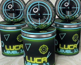 Laser Tag Chips Can, Laser Tag Birthday, Laser Tag Favors, Laser Tag Party, Laser Tag Theme, Laser Tag Neon, Neon Glow Party, Arcade Party