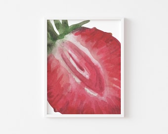 Muurkunst keuken aardbei: aquarel voedselprint