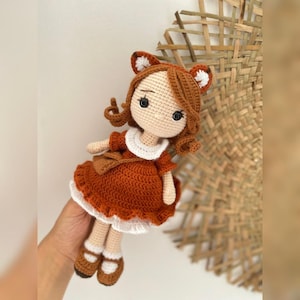 Handmade crochet doll for kids, Special gift for girls, doll with clothes, Fox girl, knit organic toy, 1st birthday gift, Doll with her bag