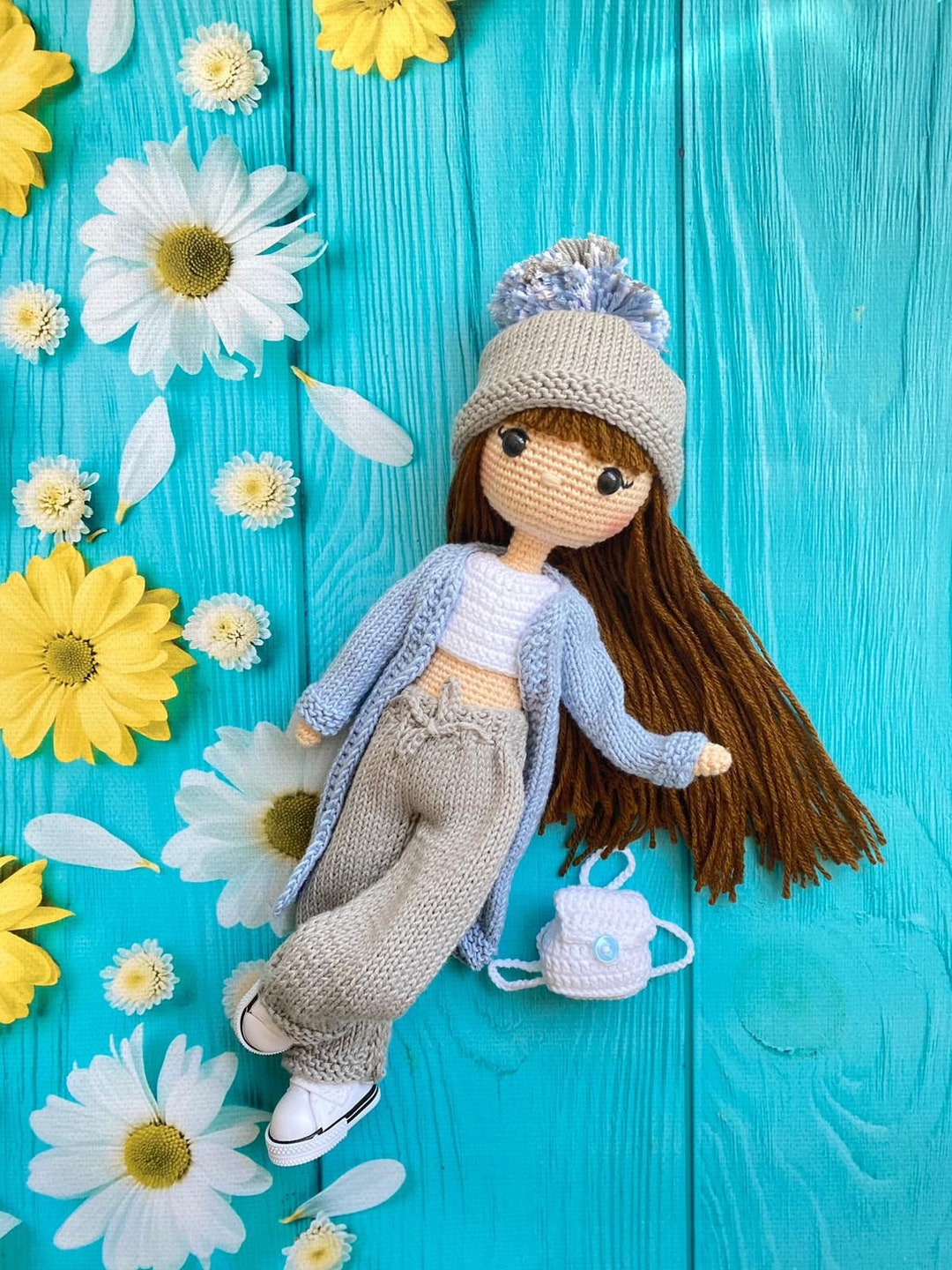 Handmade Crochet Doll with Special Fancy Grey Dress and White Knit Hat, Gift for Kids