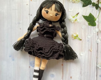 Crochet Wednesday Addams Inspired Doll, Addams Family Doll, Handmade crochet doll, Birthday present for kids, for daughter granddaughter