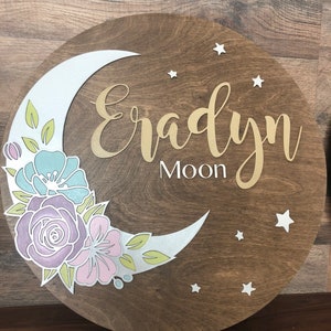 Customized Baby Name Sign, 18-30 inch, Flower Moon Boho Personalized Wooden Sign, Child Name Sign, Nursery Wall Art, Celestial Boho Theme