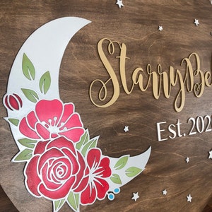 Customized Baby Name Sign, 18-30 inch, Flower Moon Boho Personalized Wooden Sign, Child Name Sign, Nursery Wall Art, Celestial Boho Theme