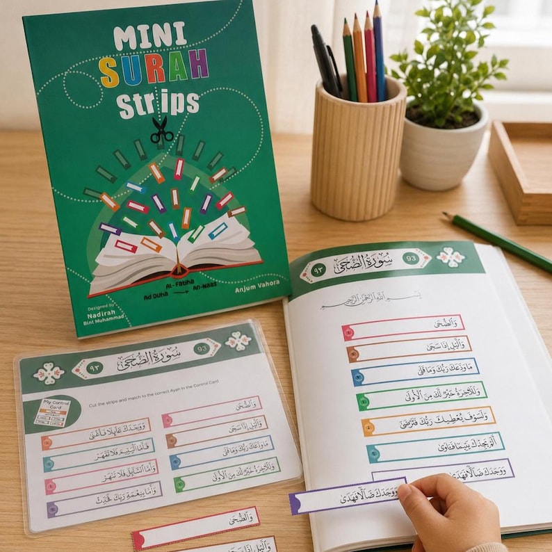 MINI Surah Strips - Juzz Amma, Koranen för barn, Islamiska böcker, Koranböcker, Muslimska böcker, Montessoribok, Muslimsk hemskola, Surah Fatiha bild 1