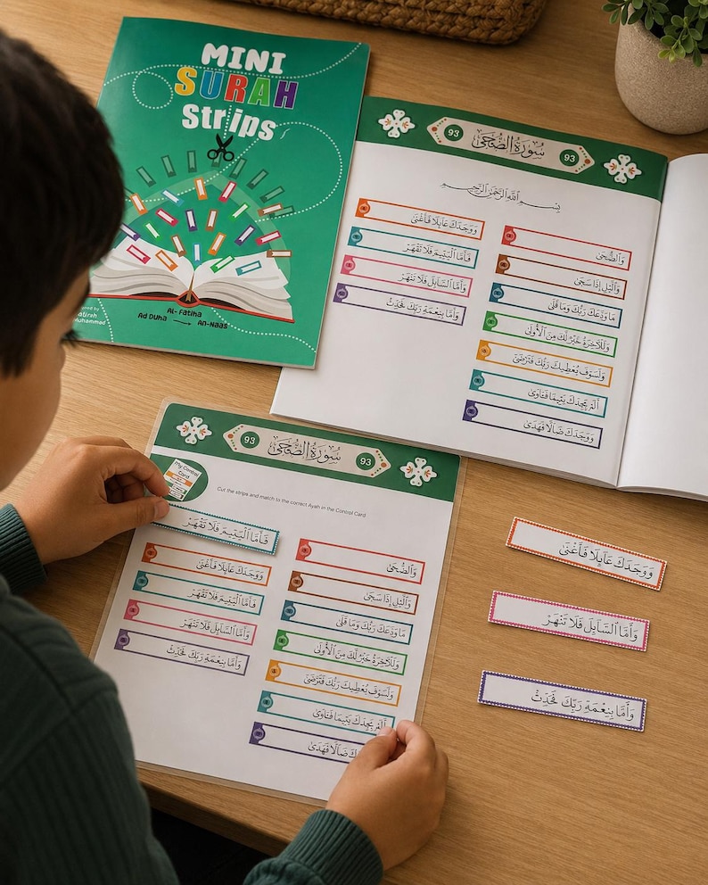 MINI Surah Strips - Juzz Amma, Koranen för barn, Islamiska böcker, Koranböcker, Muslimska böcker, Montessoribok, Muslimsk hemskola, Surah Fatiha bild 14