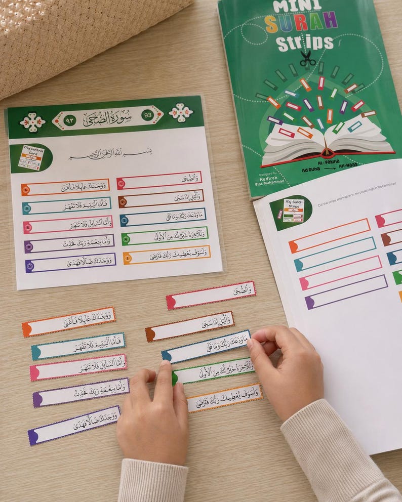 MINI Surah Strips - Juzz Amma, Koranen för barn, Islamiska böcker, Koranböcker, Muslimska böcker, Montessoribok, Muslimsk hemskola, Surah Fatiha bild 12