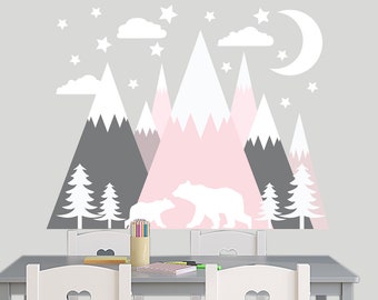 Large Mountain Wall Decal Kids Room, Bear mama Sticker - Pine Trees Decor, Mountains Mural Sticker, Bears and Stars and Moon + 20 Stars Gift
