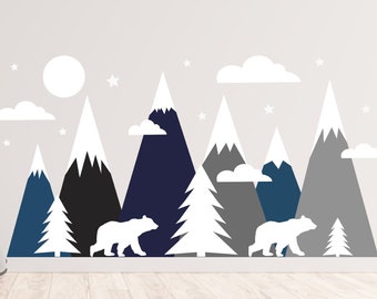 Large Mountains Wall Decal Boy Bedroom - Mountain Decor Kids Room - Pine Trees and Bears Wall Decals Above Crib - Landscape Sticker LX102