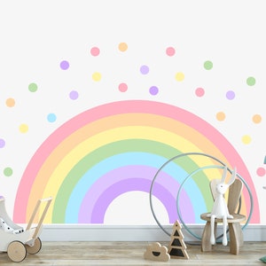 Large Rainbow Decal for Girl Bedroom, Gift Polka Dots Wall Stickers Kids, Pastel Rainbow Vinyl Sticker Playroom, Rainbow Nursery Decoration