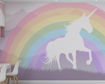 Rainbow Unicorn Wallpaper Peel and Stick for Baby Girl Nursery, Lilac Pink Ombre Mountains Wall Mural Toddler Room, Cute Unicorn Wall Decor