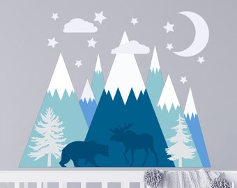 Autocollant mural ours et cerf pour chambre de bébé, décor de montagnes, autocollant de pins, décoration de montagne, chambre d'enfant, animaux pour salle de jeux LX53