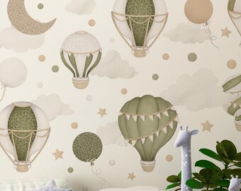 Sage Green Hot Air Balloon Decal, Nursery Decor Neutral, Kids Room Wall Art, Pastel Balloons Wall Stickers, Clouds Stars Decal