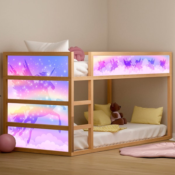 Einhorn Ikea Kura Bett Aufkleber für Mädchen, Regenbogen Baby Mädchen Kinderzimmer Möbel Aufkleber, Schälen und Stick-Bett-Aufkleber, Raumdekoration