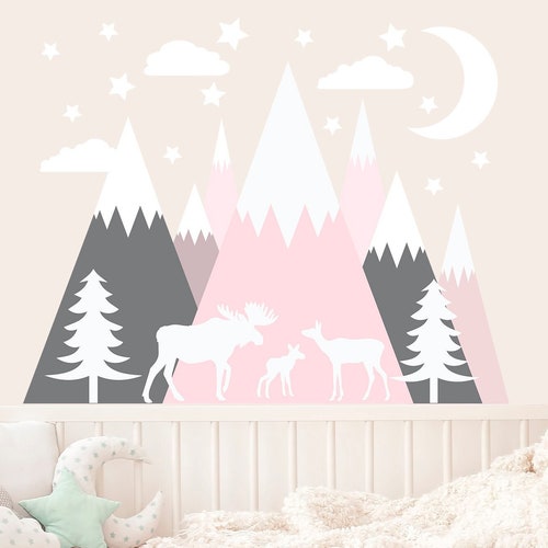 Mountain Wall Decal Girl Nursery Pine Trees and Bears Family - Etsy