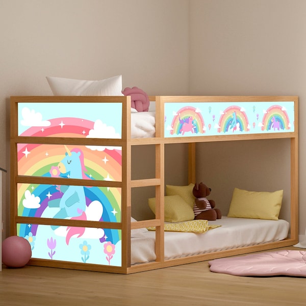 Décalcomanies IKEA KURA pour lit avec jolie licorne pour fille, décoration amovible pour meubles de chambre d'enfant arc-en-ciel, stickers pour lit, décoration de chambre